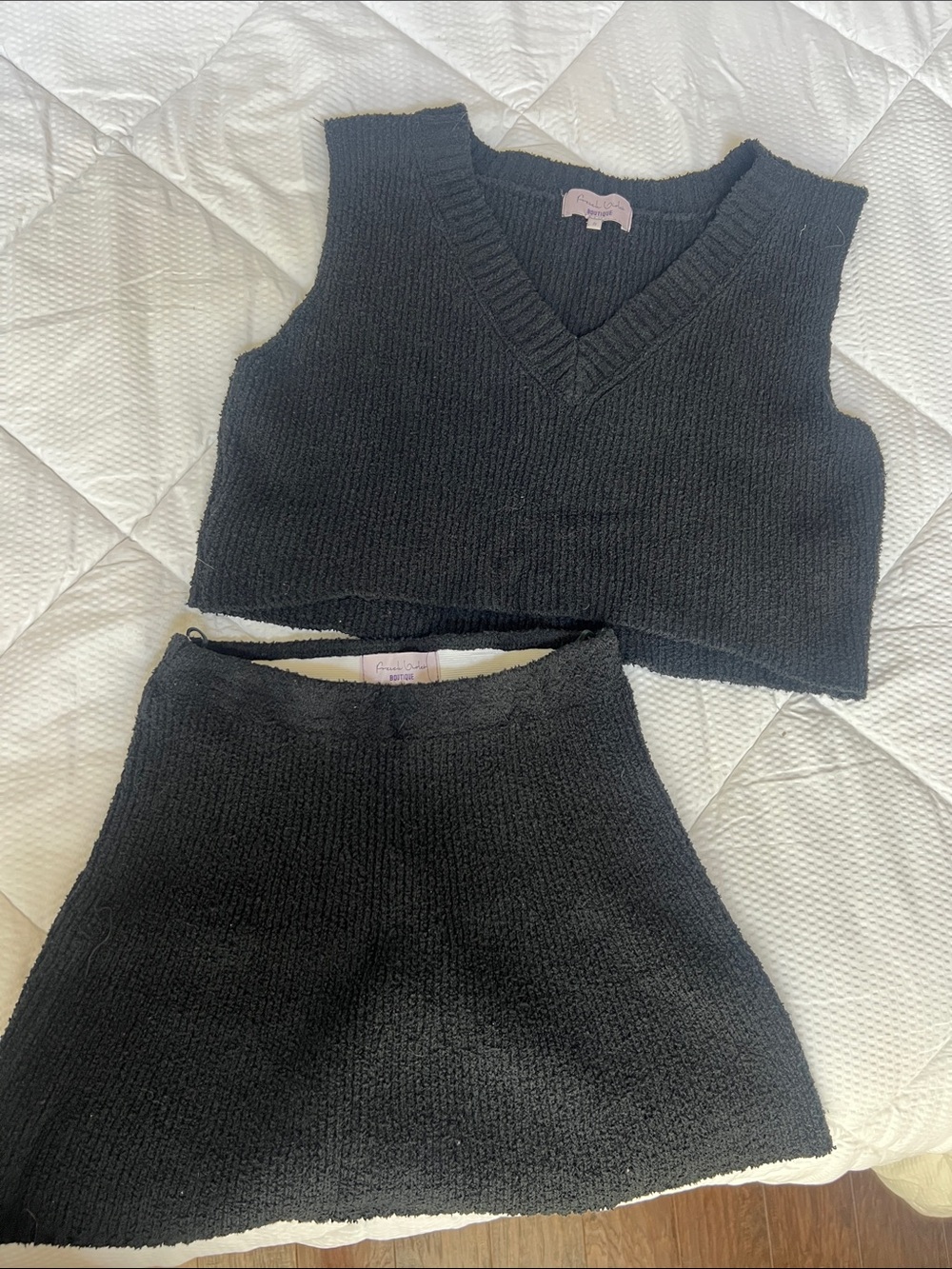 Black Knit Two-Piece Set - Cropped Vest & Mini Skirt